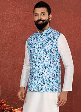 Sky Blue Blended Cotton Printed Nehru jacket
