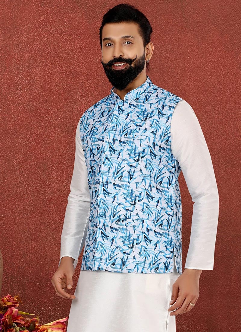 Sky Blue Blended Cotton Printed Nehru jacket