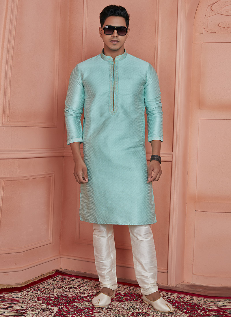 Sky Blue Brocade Jacquard Silk Kurta Pyjama