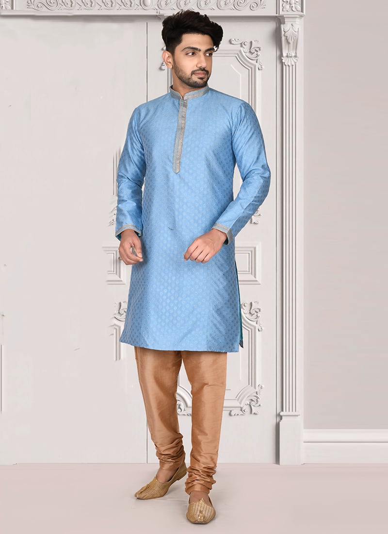 Sky Blue Brocade Silk Kurta Pyjama Party Wear