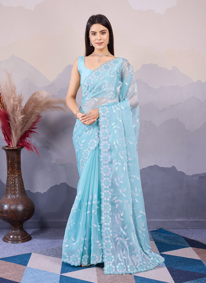 Sky Blue Burberry Silk Sequins Embroidered Saree