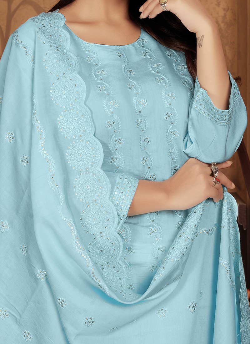 Sky Blue Classy Designer Semi-Stitched Pant Suit With Embroidery Work