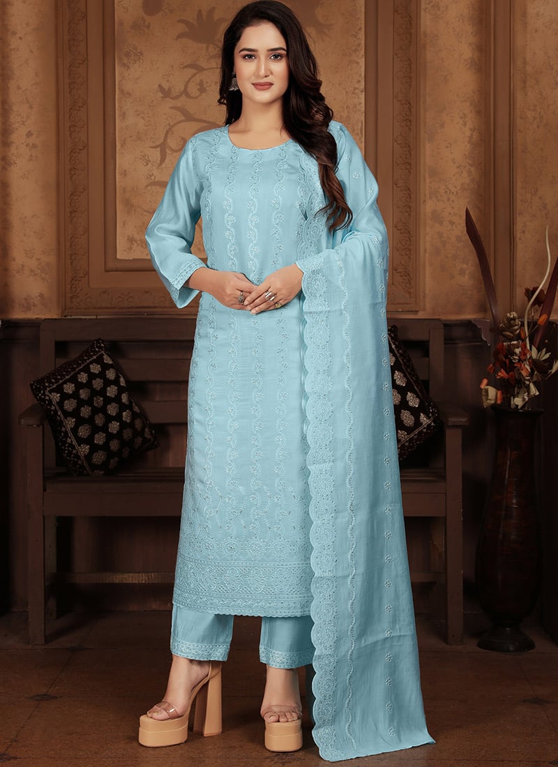 Sky Blue Chanderi Embroidered Sequins Straight Pant Suit Festive Wear