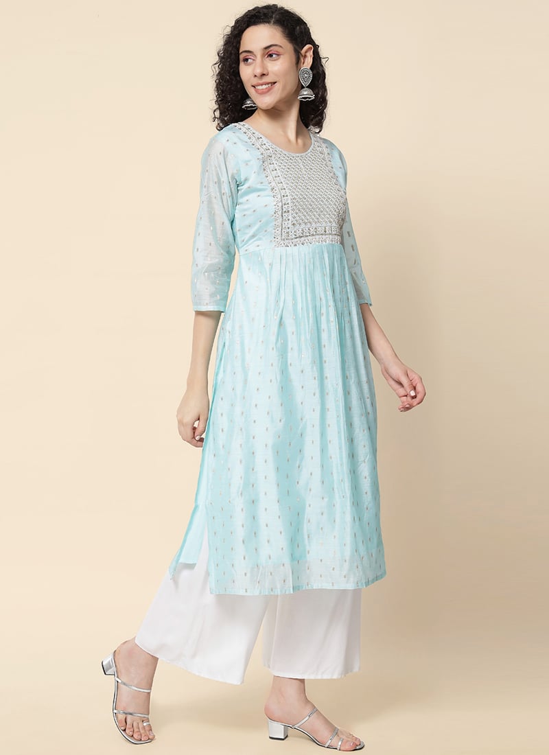 Sky Blue Chanderi Modal Embroidered Long Kurti After Six Wear