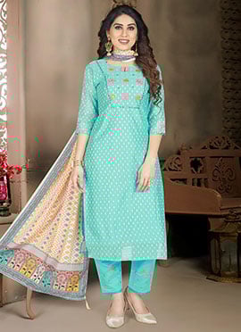 Sky Blue Chanderi Silk Botti Embroidered Straight Pant suit