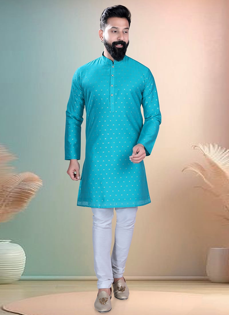 Sky Blue Chanderi Silk Butti Kurta Pyjama Festive Wear