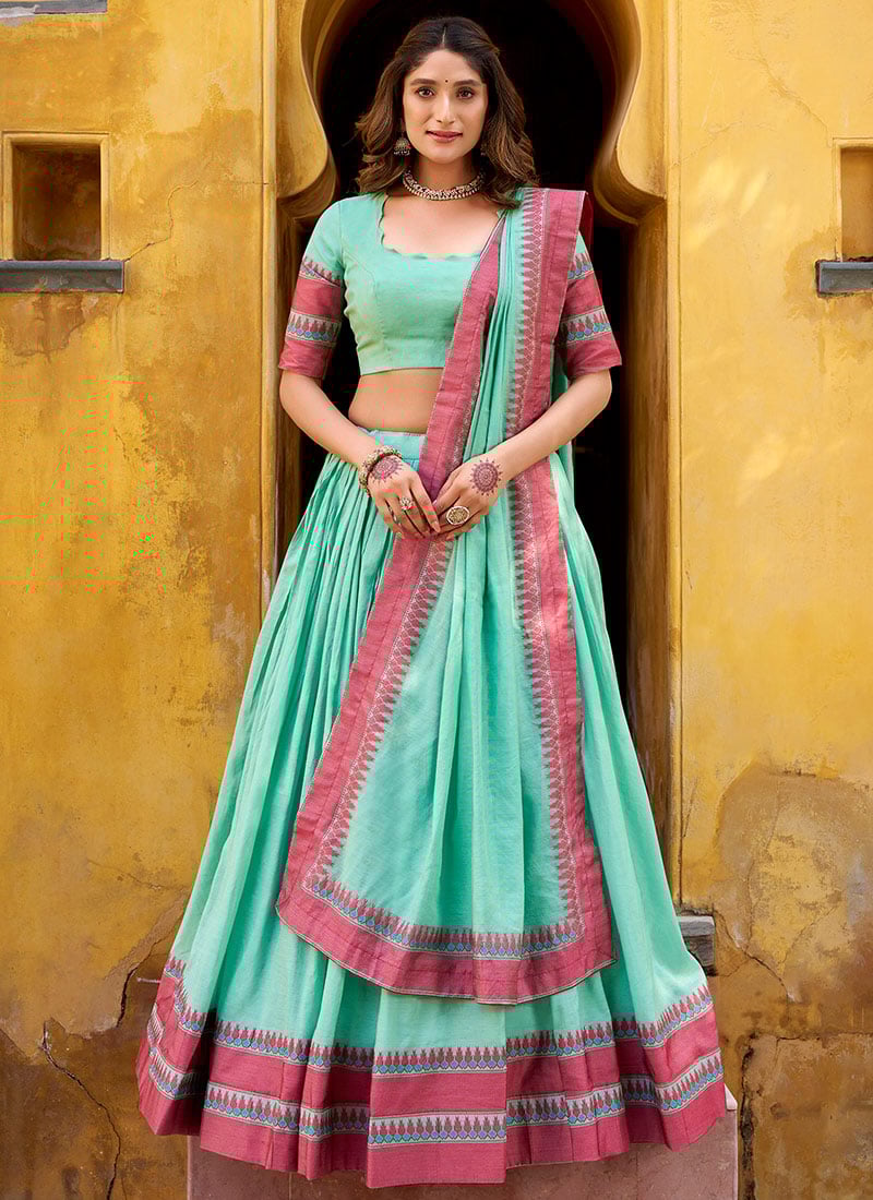 Sky Blue Chanderi Thread Woven A Line Lehenga