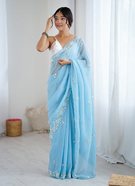 Sky Blue Chiffon Crush Beads And Sequins Embellished Saree