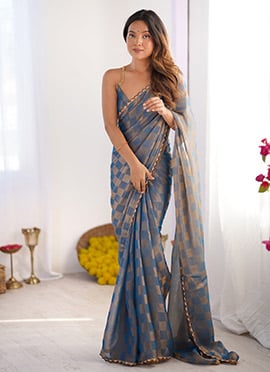 Sky Blue Chiffon Cutdana Lace Work Saree