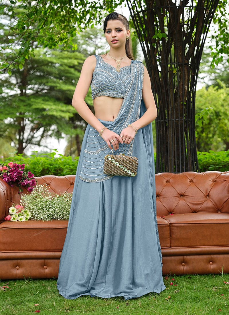 Sky Blue Chiffon Lehenga Saree with Cut Dana Work After Six Wear
