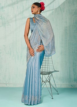 Sky Blue Chiffon Zarkan Stones Cutdana Saree