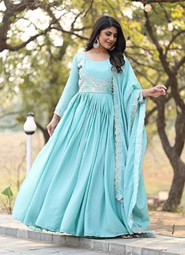 Sky Blue Chinon Embroidered Sequins Anarkali Suit