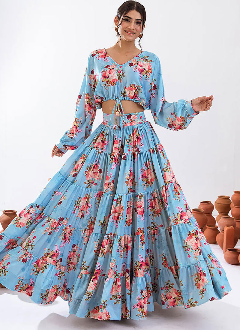 Sky Blue Chinon Floral Print Indowestern Skirt Set After Six Wear