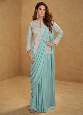 Sky Blue Chinon Hand Embroidered Sequins With Mirror Work Indowestern Predraped Saree