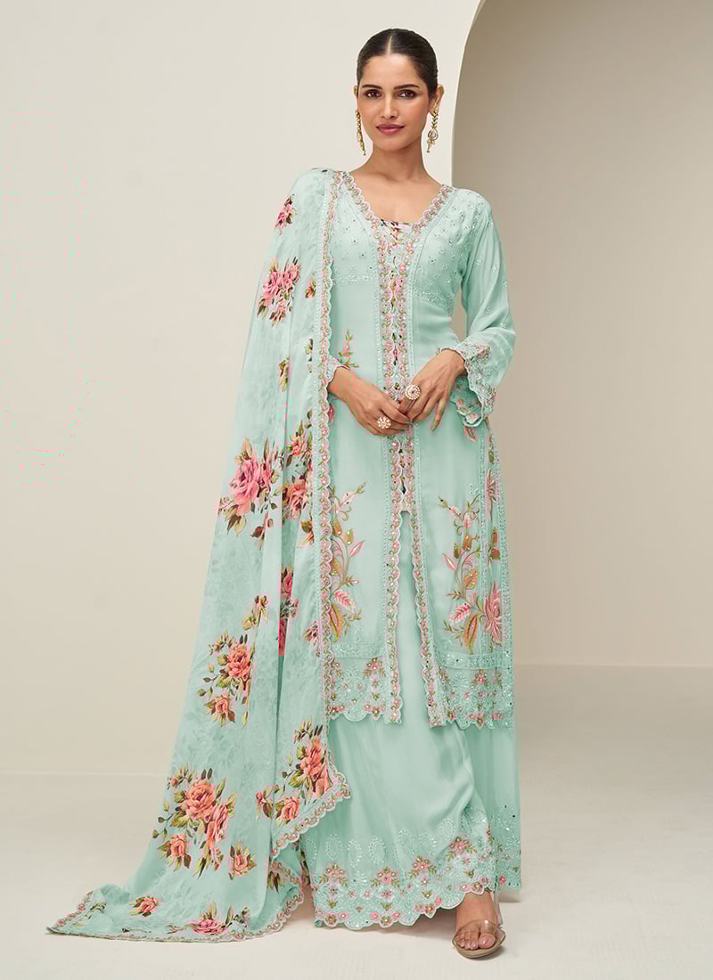 Sky Blue Chinon Silk Digital Print And Thread Embroidered Sequins Palazzo Suit Festive Wear