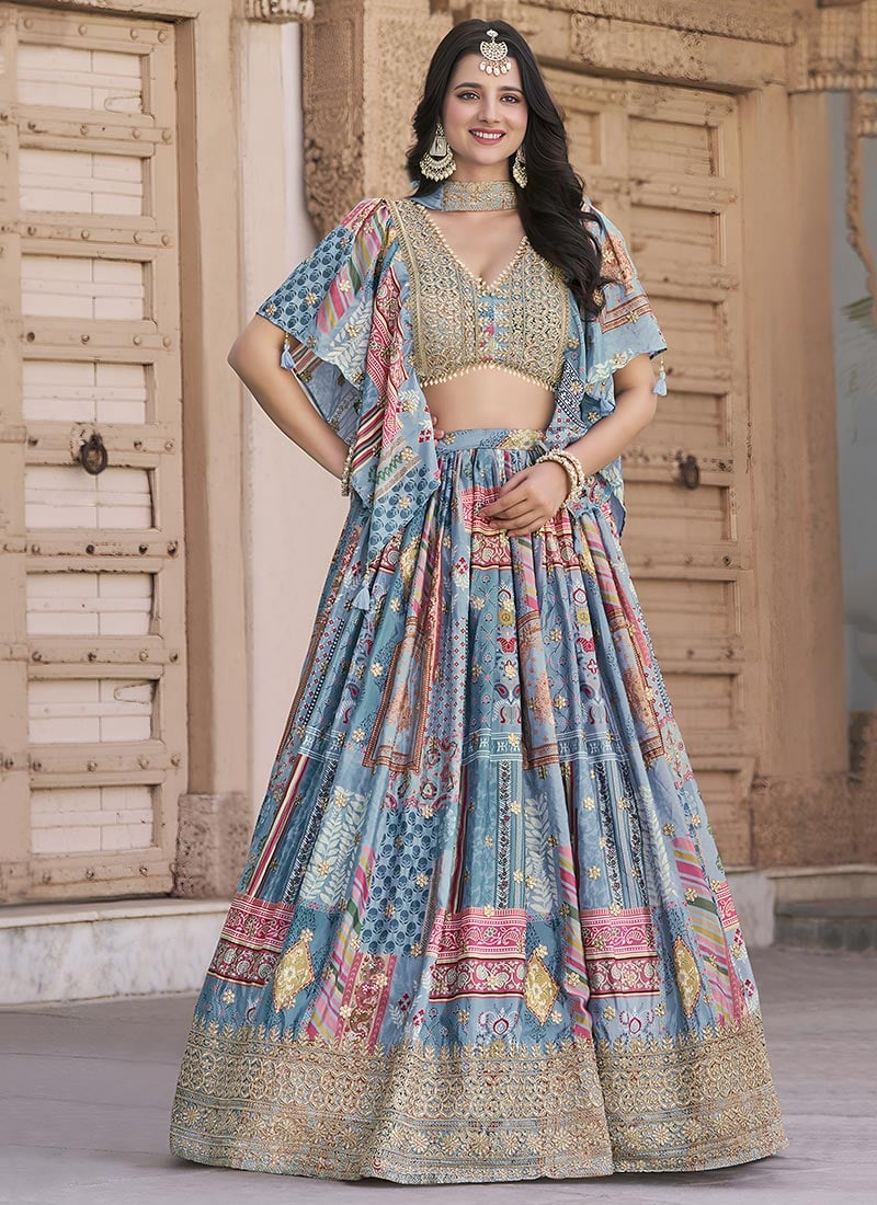 Sky Blue Chinon Silk Digital Print Zari Embroidered Lehenga Wedding Wear