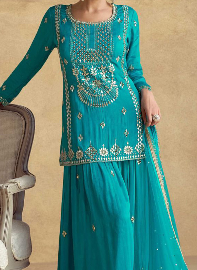 Women Sky Blue Chinon Silk Embroidered Designer Palazzo Suit main image 1