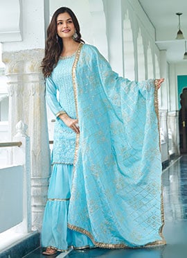 Sky Blue Chinon Silk Embroidered Sequins Sharara Suit
