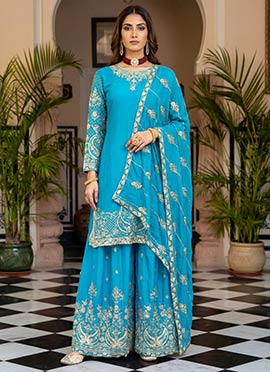 Sky Blue Chinon Silk Embroidered Sequins Zari Palazzo Suit