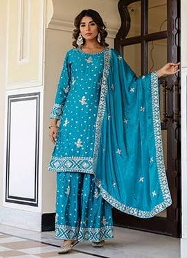 Sky Blue Chinon Silk Embroidered Sequins Zari Sharara Suit