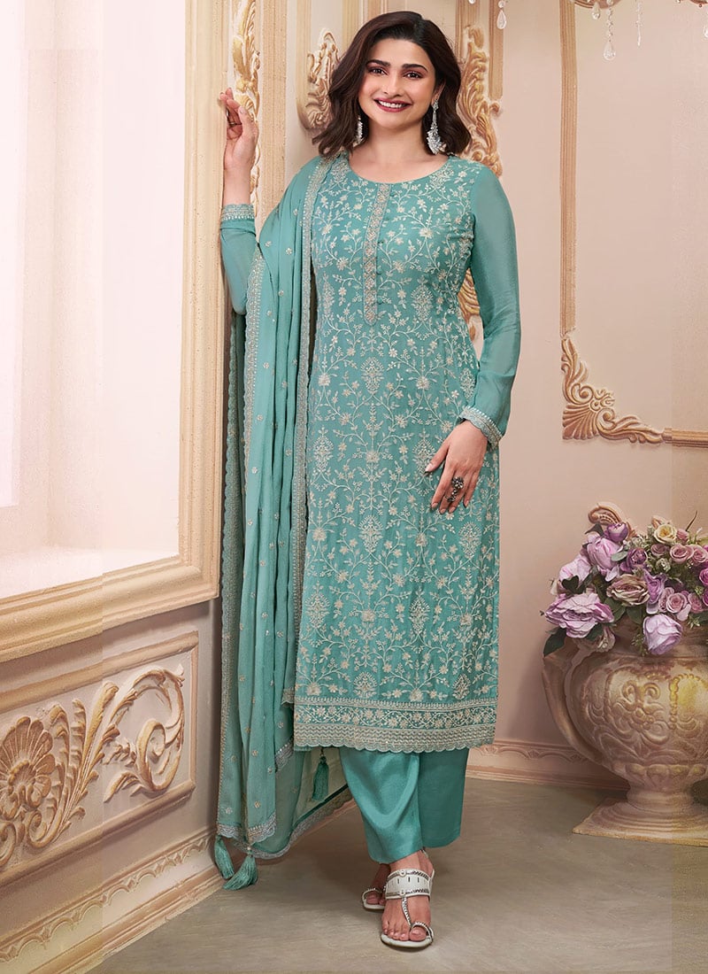 Sky Blue Chinon Silk Stone Embroidered Sequins Straight Pant Suit By Prachi Desai Festive Wear