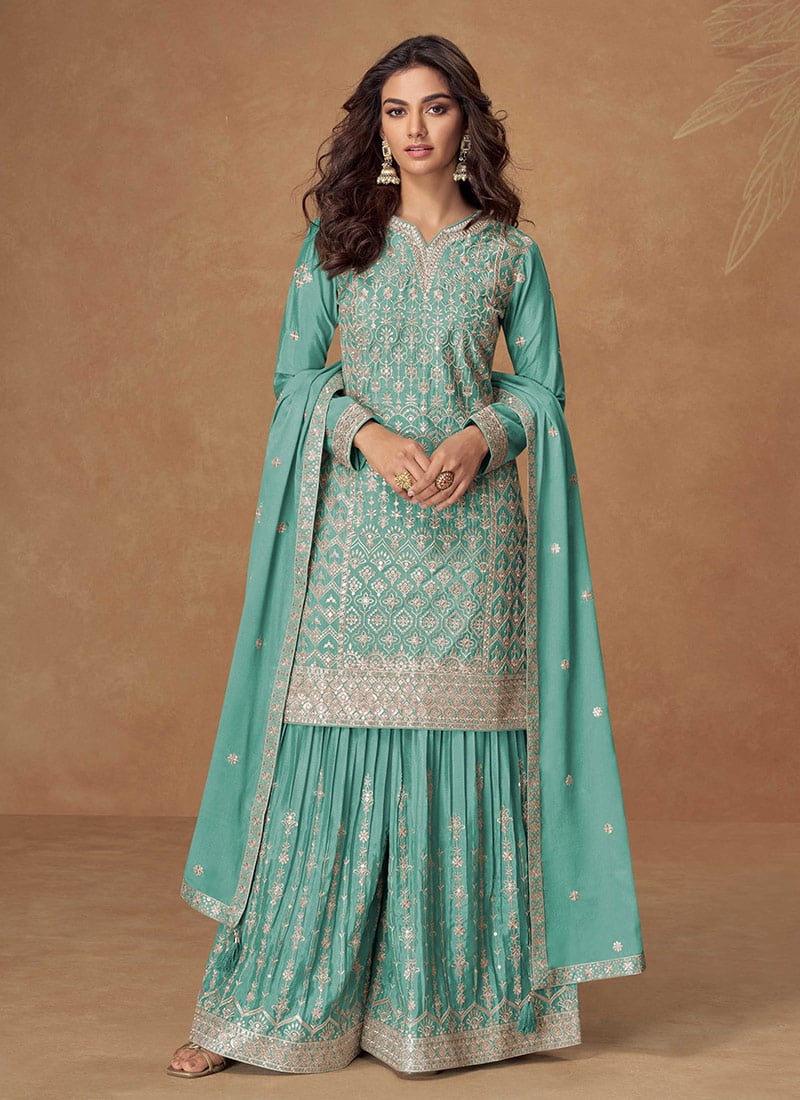 Sky Blue Chinon Silk Zari Embroidered Palazzo Suit Festive Wear