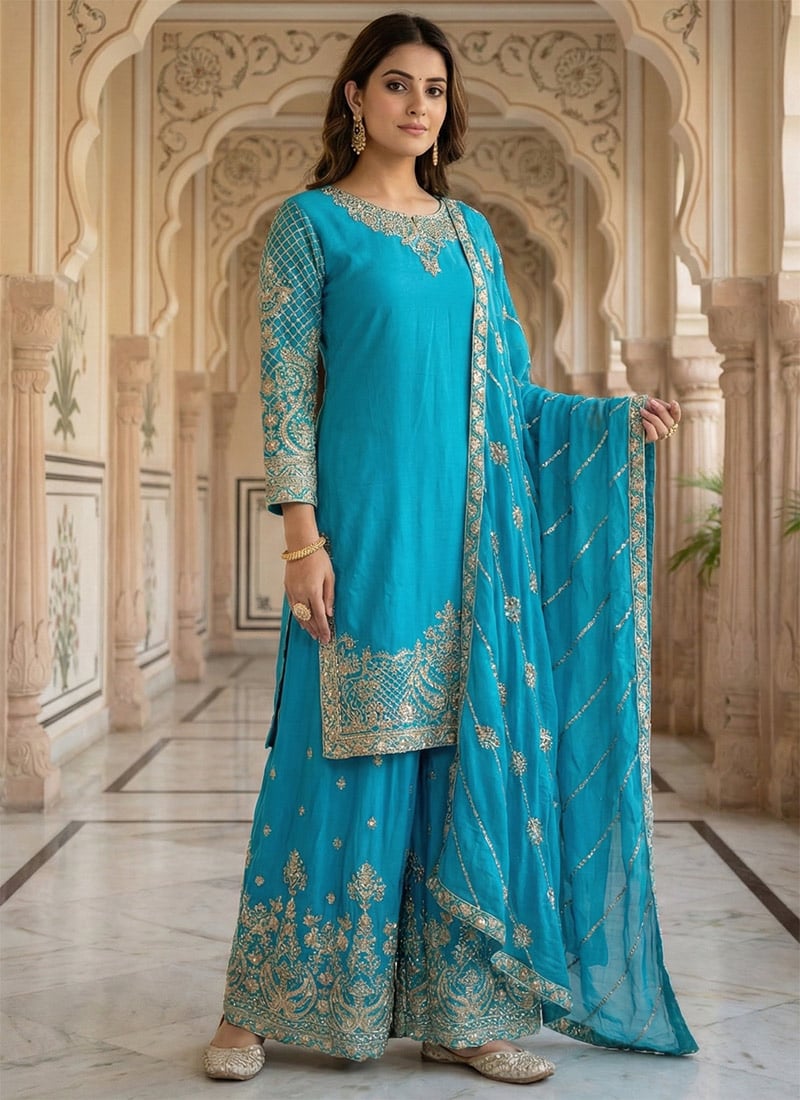 Sky Blue Chinon Silk Zari Embroidered Sequins Palazzo Suit Festive Wear