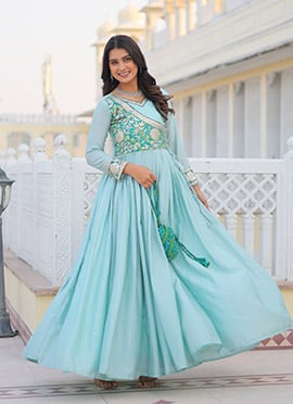 Sky Blue Chinon Zari Embroidered Anarkali Gown