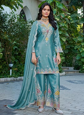 Sky Blue Chinon Zari Embroidered Sequins Palazzo Suit