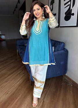 Sky Blue Chinon Zari Work Farshi Style Salwar Suit