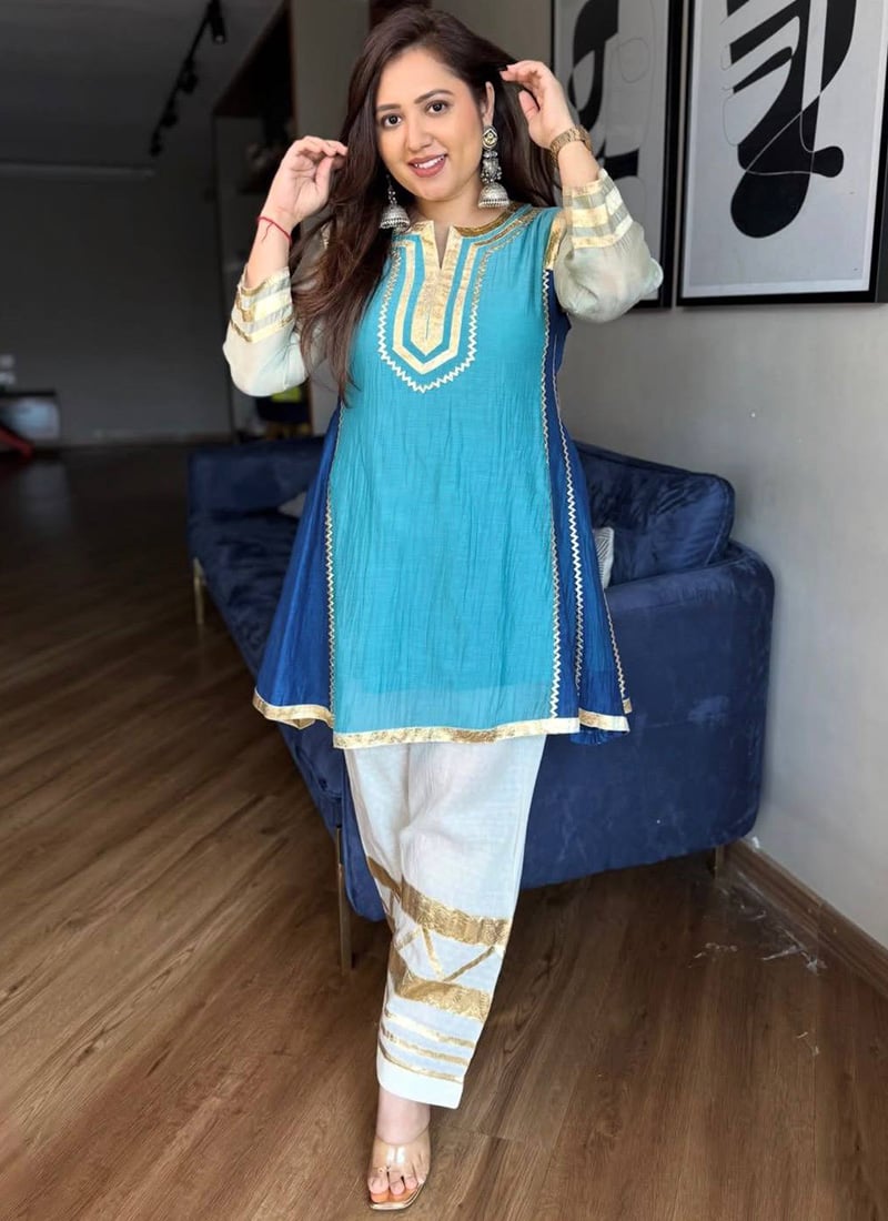 Sky Blue Chinon Zari Work Farshi Style Salwar Suit After Six Wear