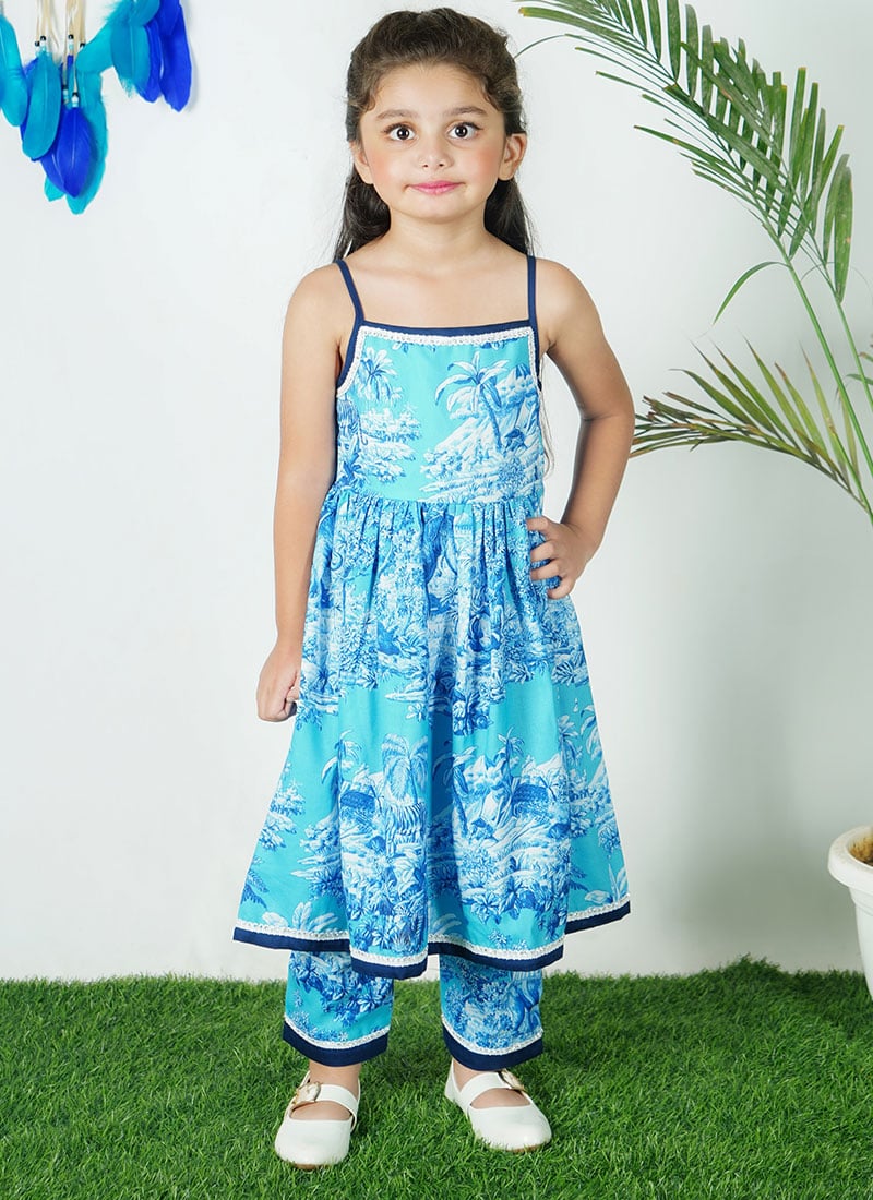 Sky Blue Cotton Digital Print Kids Girls Kurta Straight Pant Set