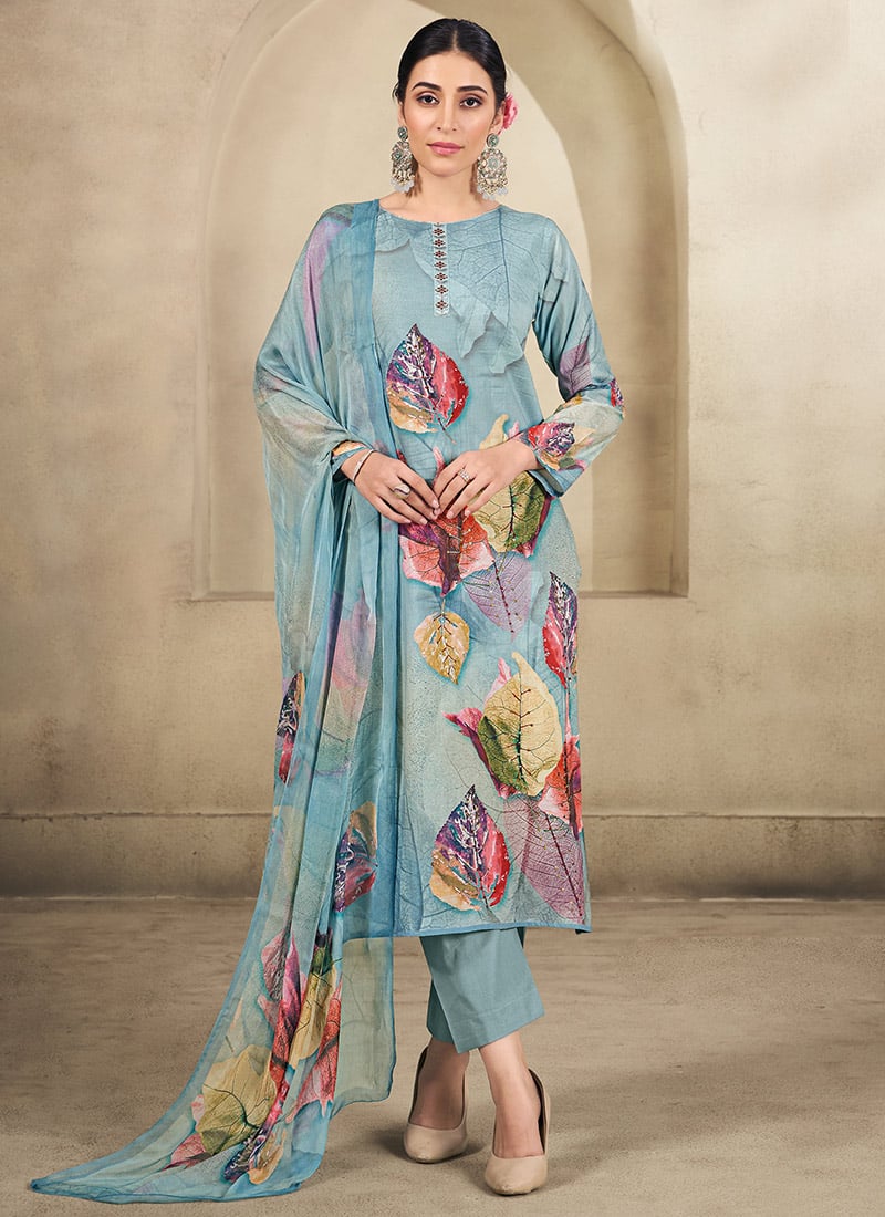 Sky Blue Cotton Digital Print Straight Pant Suit