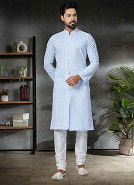Sky Blue Cotton Embroidered Classic Sherwani