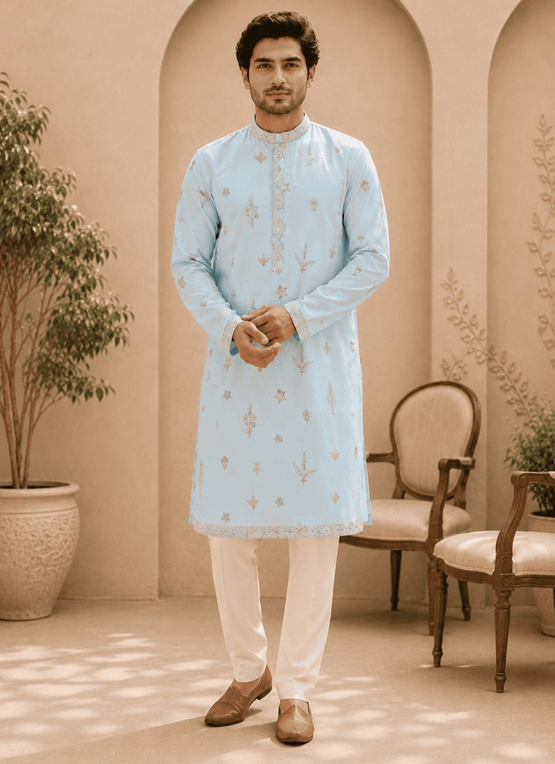 Sky Blue Cotton Embroidered Kurta For Men