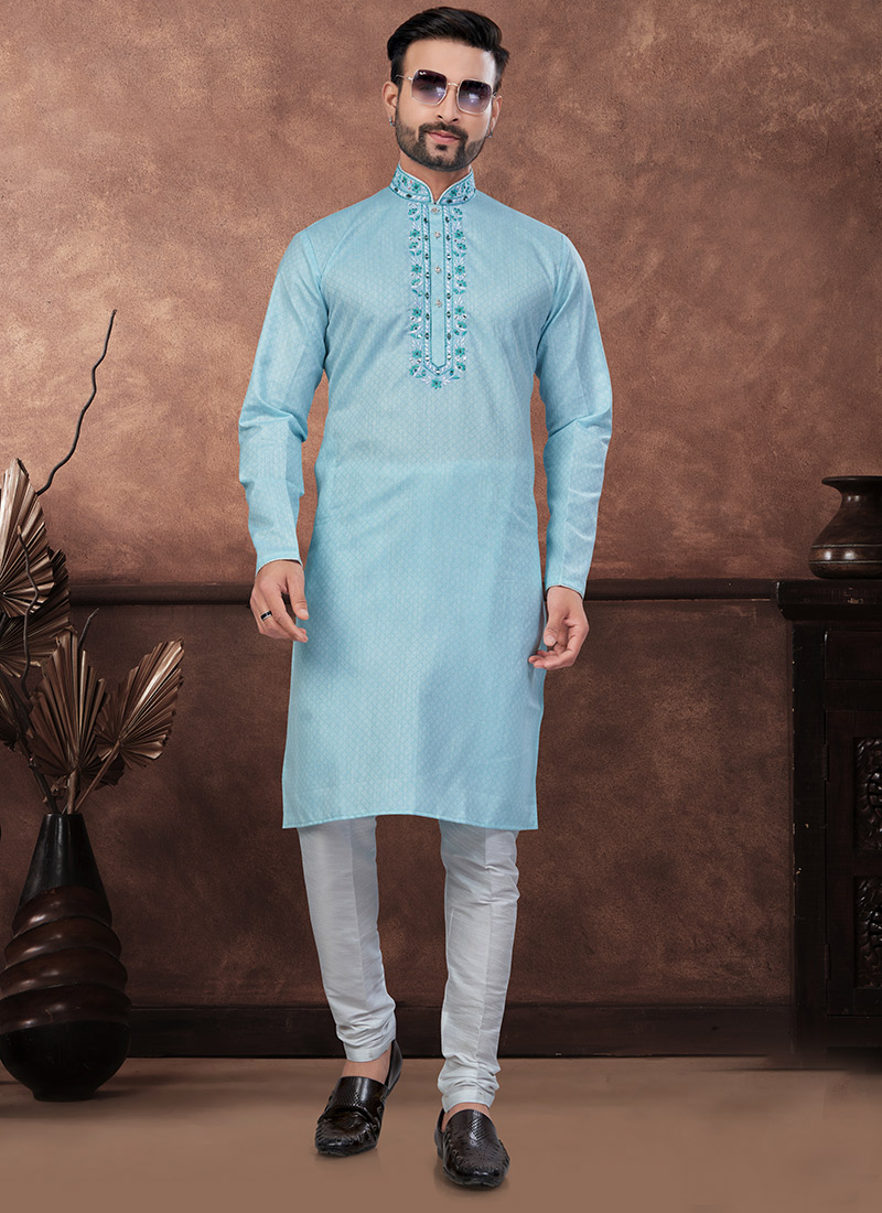 Sky Blue Cotton Embroidered Kurta Pyjama Festive Wear