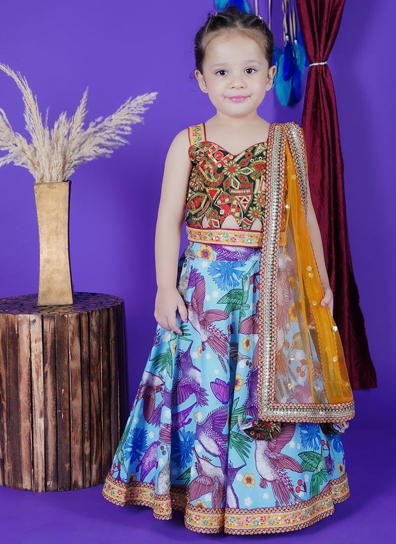 Sky Blue Cotton Embroidered Printed Kids Girls Lehenga Festive Wear