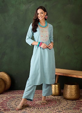 Sky Blue Cotton Floral Embroidered Sequins Kurta Straight Pant Set