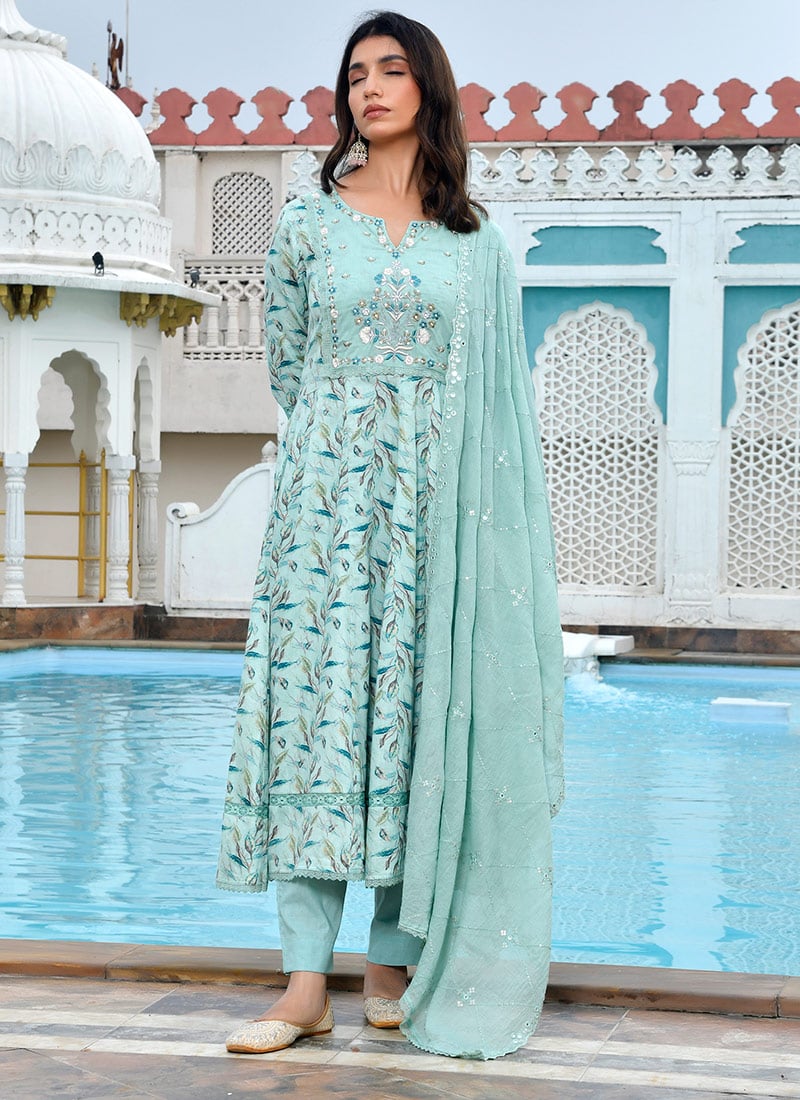 Sky Blue Cotton Floral Print Embroidered Straight Pant Suit After Six Wear