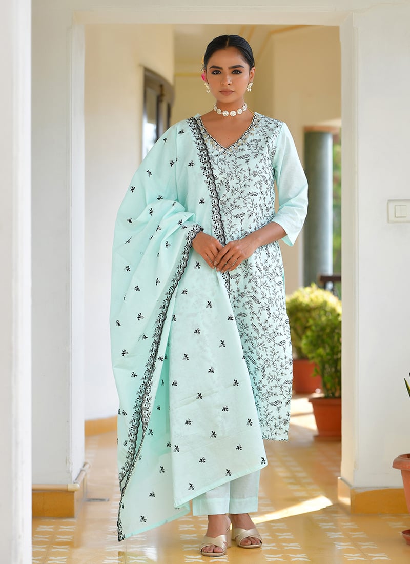 Sky Blue Cotton Floral Printed Embroidered Straight Pant Suit Festive Wear