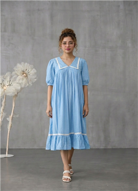 Sky Blue Cotton Gathered IMidi Dress With Contrast