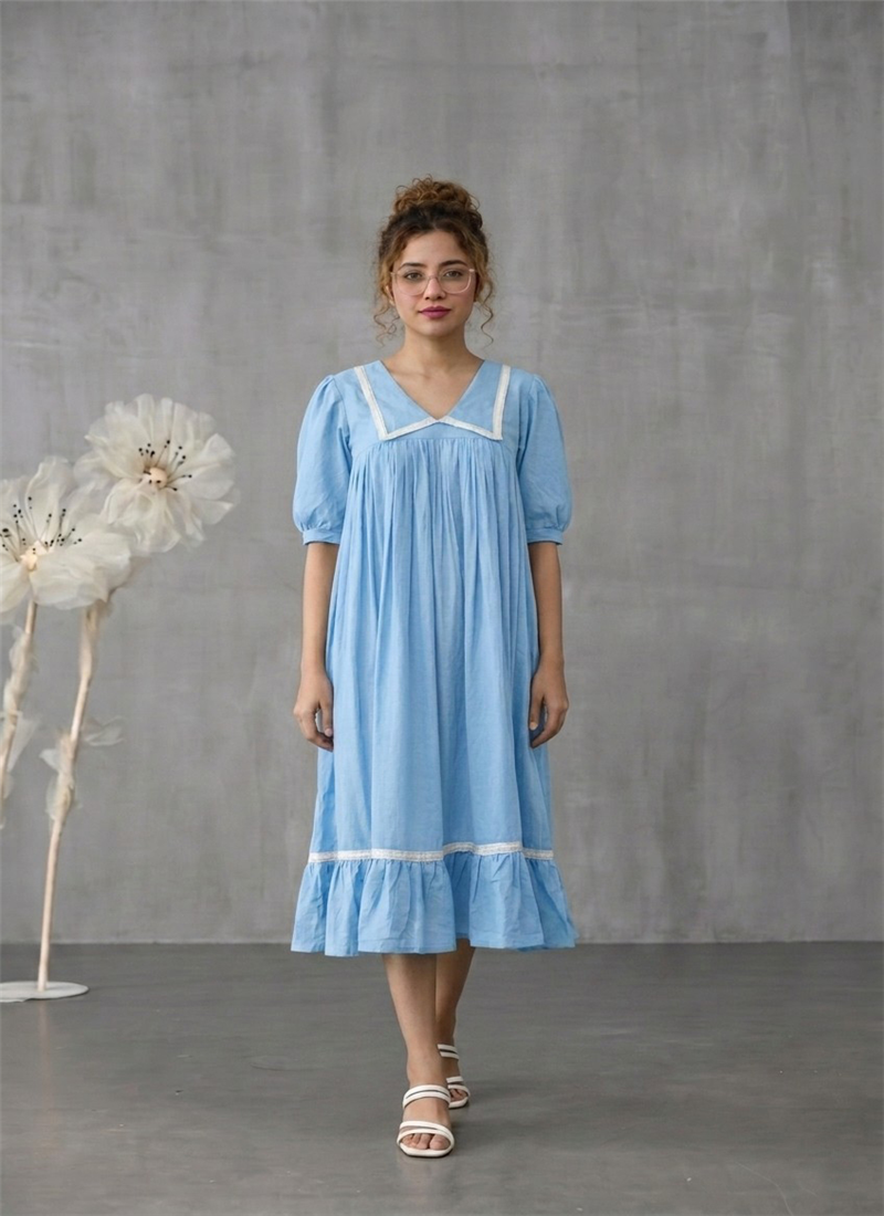 Sky Blue Cotton Gathered IMidi Dress With Contrast After Six Wear