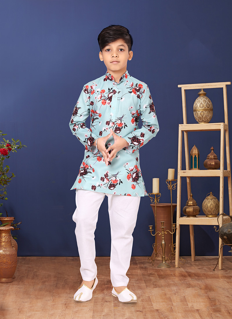 Sky Blue Cotton Printed Boys Kurta Pyjama 
