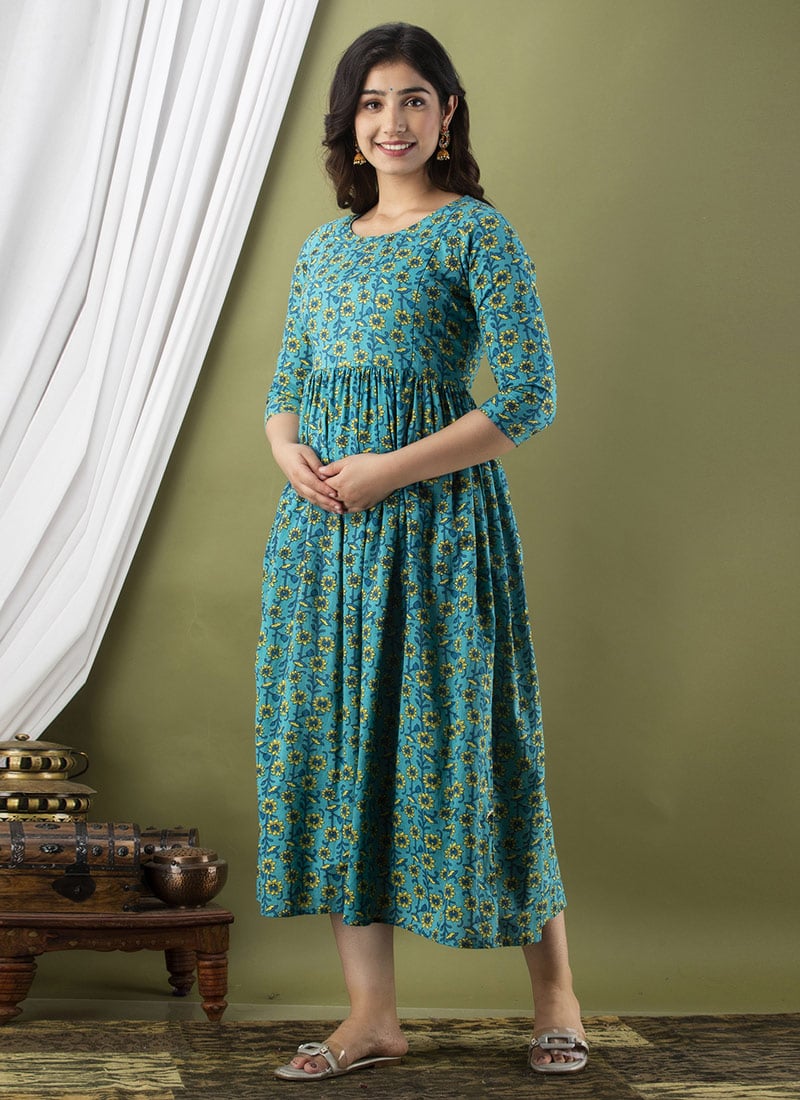 Sky Blue Cotton Printed Dress After Six Wear