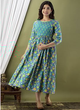 Sky Blue Cotton Printed Dress