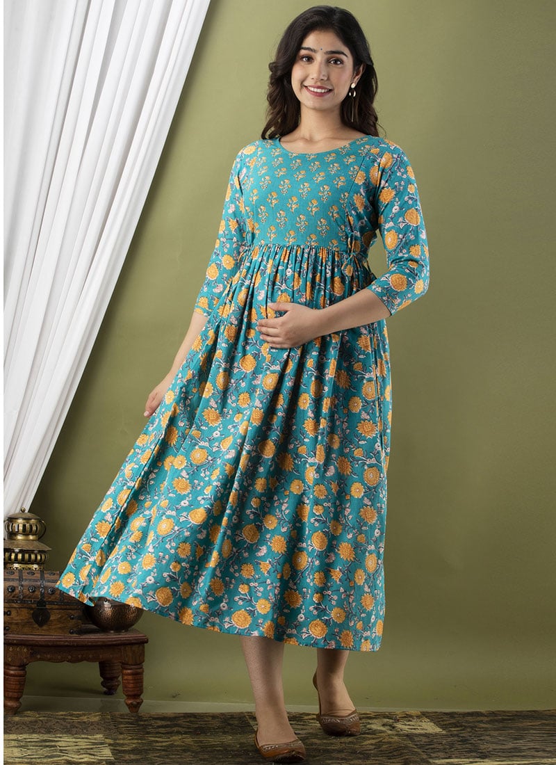 Sky Blue Cotton Printed Dress After Six Wear