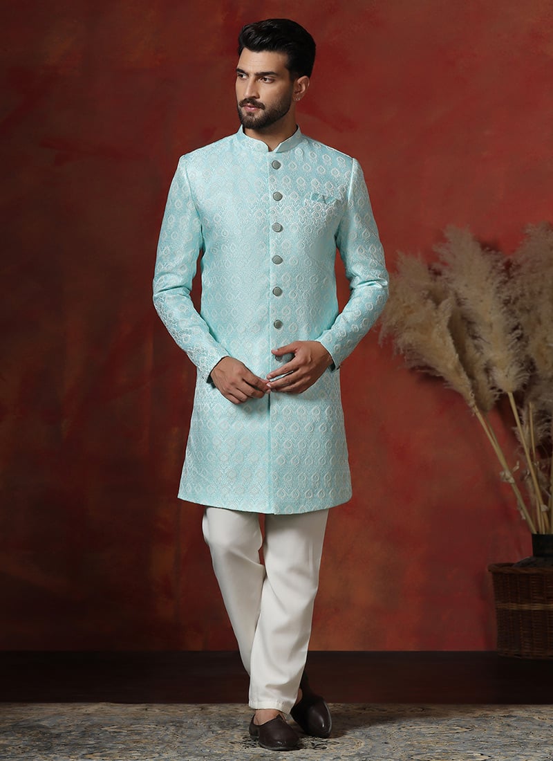 Sky Blue Cotton Printed Indowestern Sherwani Set Wedding Wear