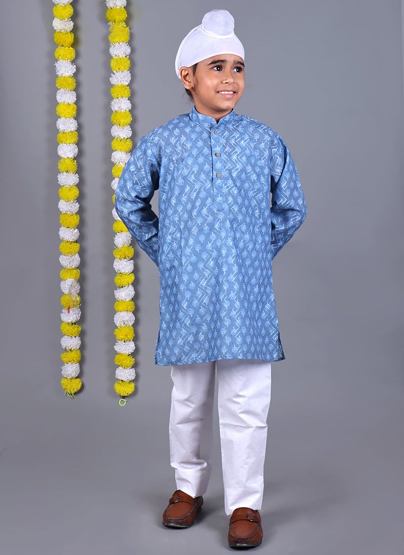 Sky Blue Cotton Printed Kids Boys Kurta Pyjama Festive Wear
