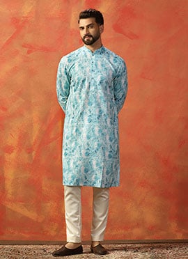 Sky Blue Cotton Printed Kurta Pyjama For Men