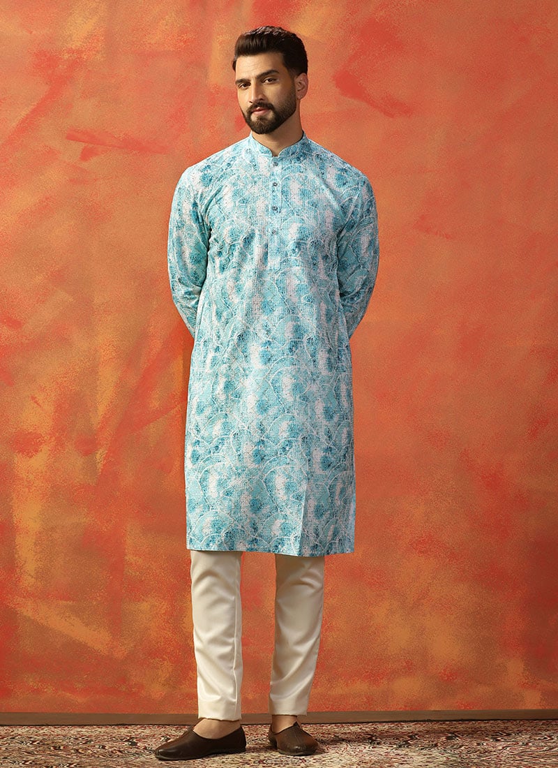 Sky Blue Cotton Printed Kurta Pyjama For Men Festive Wear
